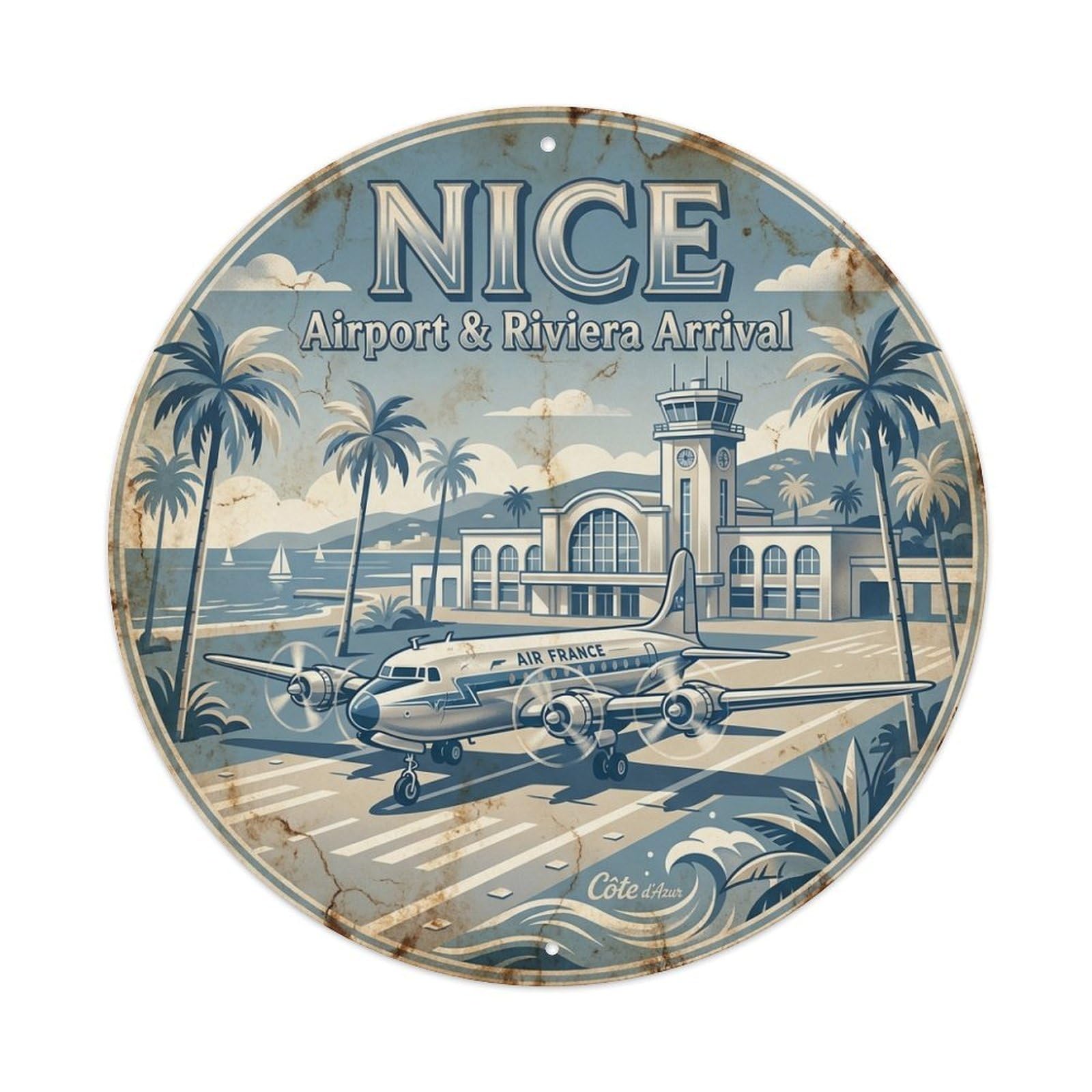 Olhnbad Style Airport Riviera Arrival Nice Coastal Route Travel Metal Tin Sign