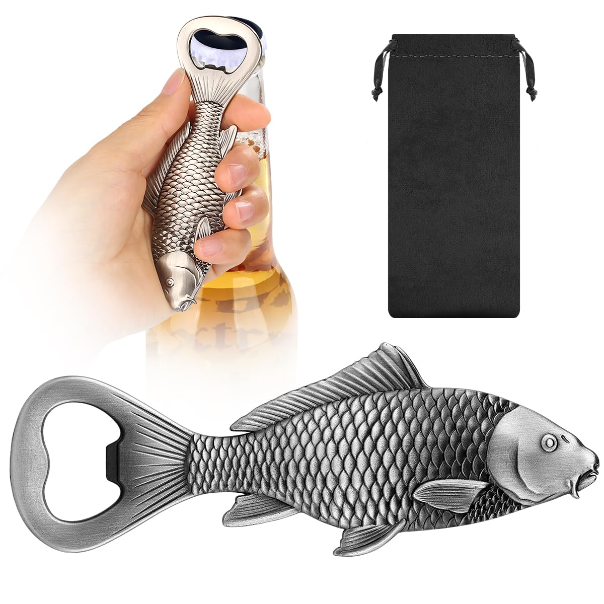 MR.BARWARE Carp Fish Bottle Opener – Fishing Gift for Him, Dad, Beer Enthusiasts – Silver Fish-Shaped Bar Tool with Gift Bag – Ideal Birthday, Father’s Day, Xmas Present