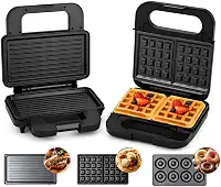 Sanduicheira 3 em 1, Elétrica, Grill, Sanduiches, Waffles, Donuts, Rosquinhas, Bolinhos, Grelhados, Com 3 Placas Removíveis, Anti Aderentes, Portátil, 1200W, 127V, Café Da Manhã, Lanches e Refeições.