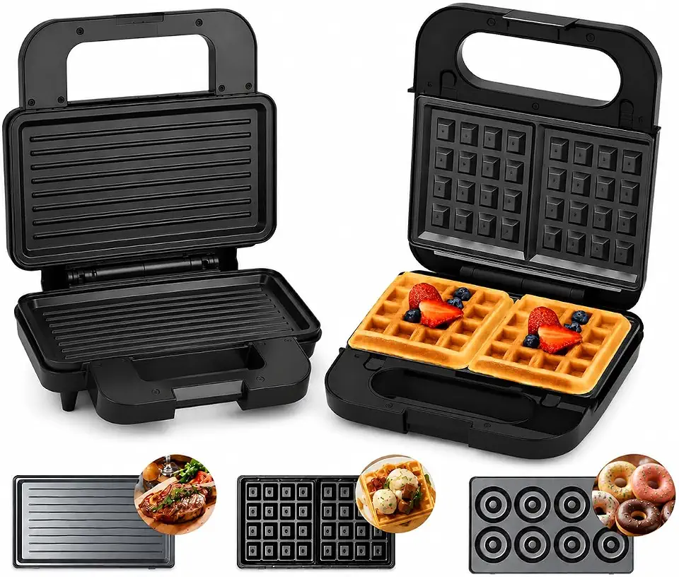 Sanduicheira 3 em 1, Elétrica, Grill, Sanduiches, Waffles, Donuts, Rosquinhas, Bolinhos, Grelhados, Com 3 Placas Removíveis, Anti Aderentes, Portátil, 1200W, 127V, Café Da Manhã, Lanches e Refeições.