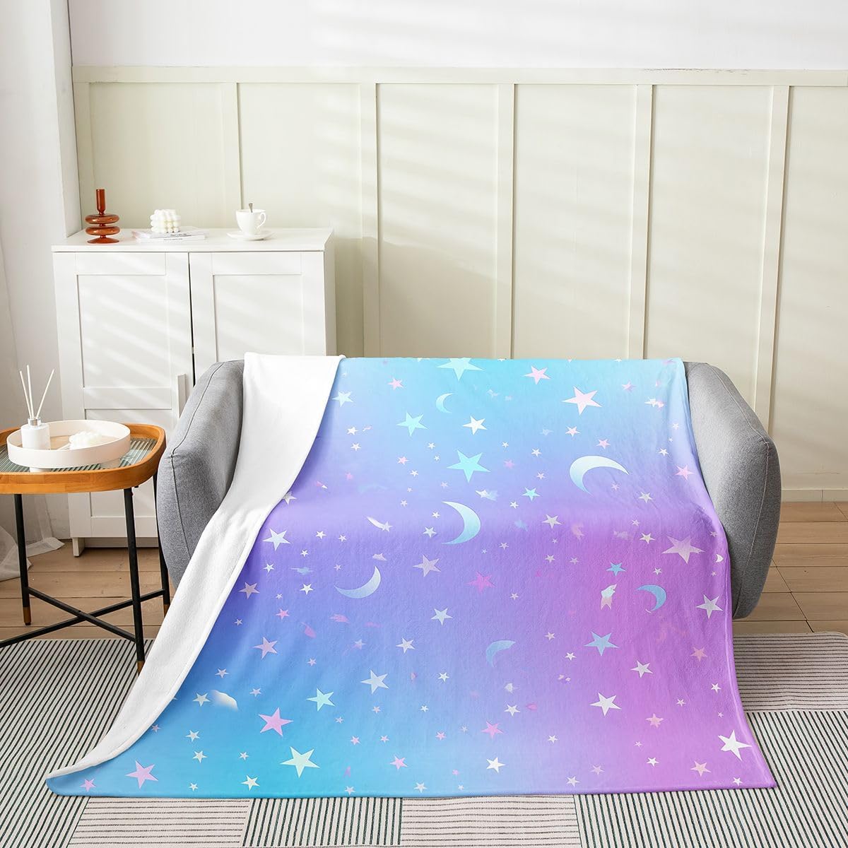 Erosebridal Starry Sky Blanket Queen Inch, Moon Star Throw Blanket for Girls Kids, Girly Fantasy Dream Galaxy Sky Flannel Blanket, Blue Purple Ombre Bed Blanket Microfiber Bedroom Decor, Pink