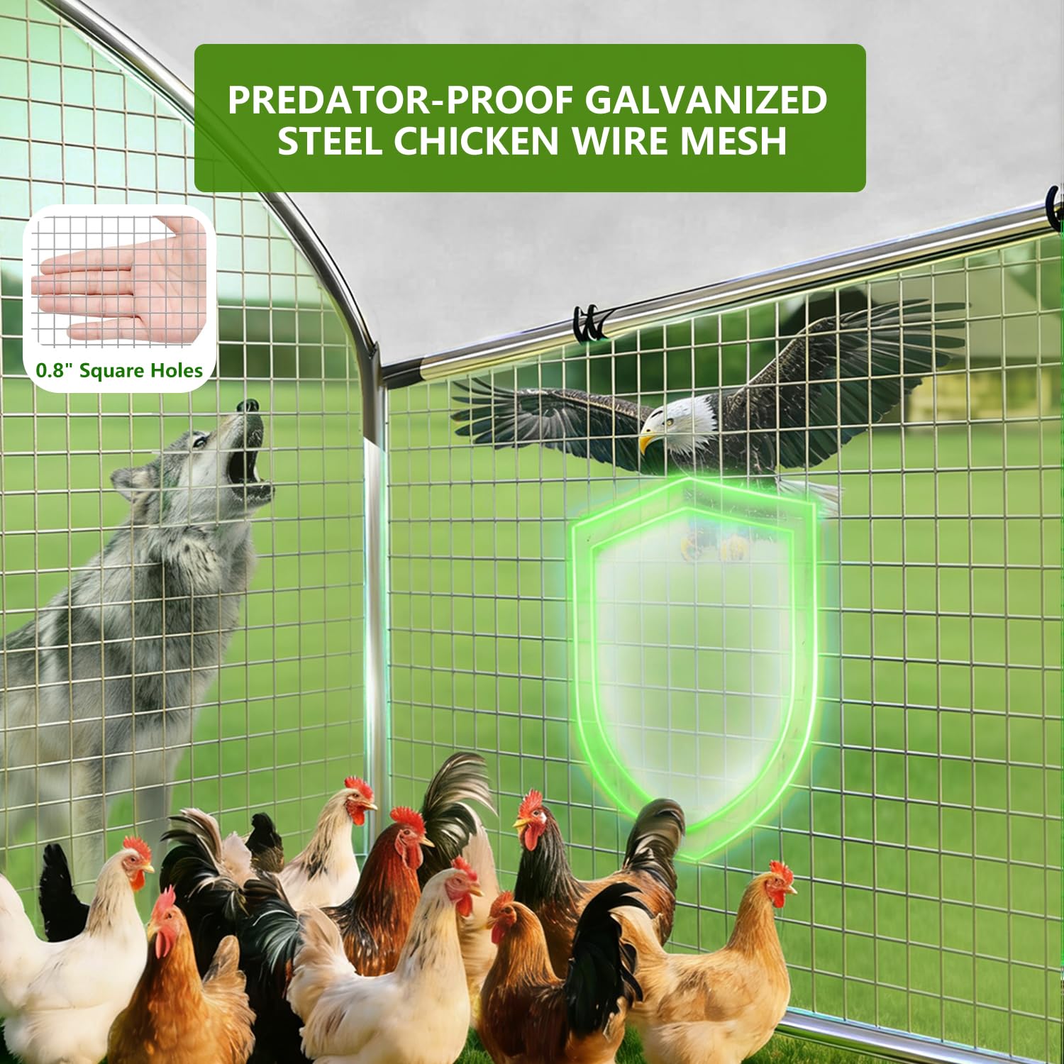 Gallinero de metal con corral, 10 x 2 x 2 pies, con cubierta impermeable y anti-ultravioleta para exteriores, patio trasero y granja, corral de pollo para patos, conejos (plata, 24 x 26 x 118 pulgadas