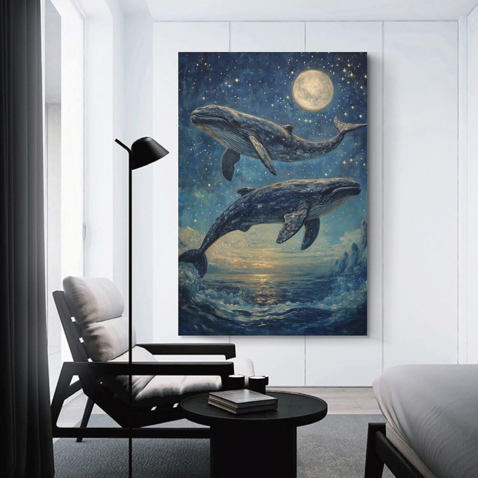 Junmoney Unframe-Style-22-2 Whales Leaping Under Stars Canvas Wall Picture, 24X36inch(60X90cm), For Wall Displays, Bedrooms Or Room Updates, Wall Decor Suited To Curated Displays