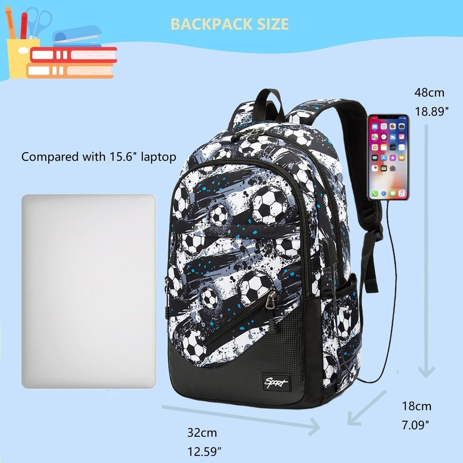Soccer Print Kids Backpack Boys School
