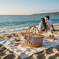 Vista 5 de Cesta de picnic de mimbre con tapa y asa, cuerpo tejido resistente con forro lavable, rayas azules