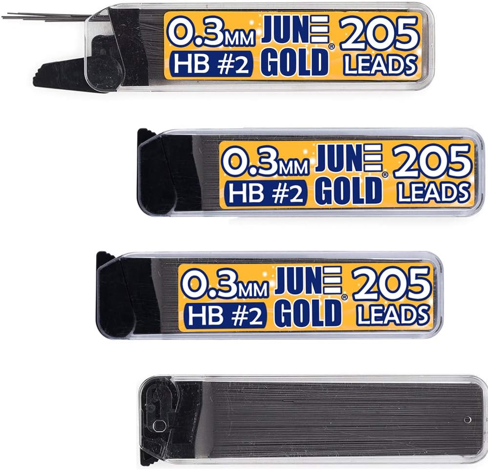 June Gold 660 Pieces, 0.3 mm HB #2 Lead Refills, 165 Pieces Per Tube, Extra Fine Thickness, Break Resistant Lead/Graphite (Pack of 4 Dispensers)