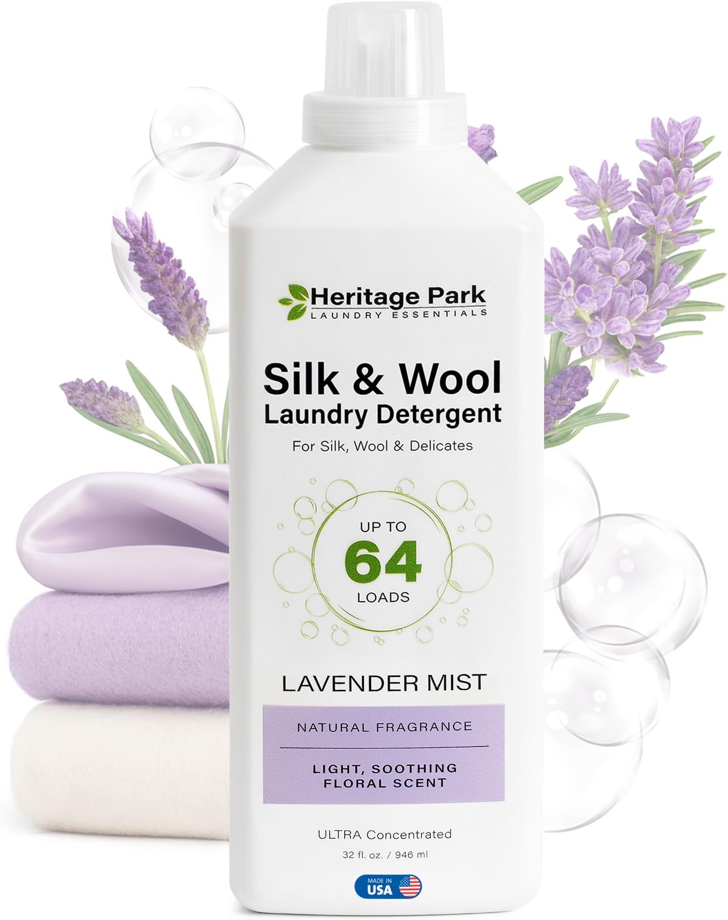 Heritage Park Silk & Wool All-Natural Lavender Mist Scent, pH-Neutral Laundry Detergent – Enzyme-Free, Concentrated Up to 64 loads (32 fl oz)
