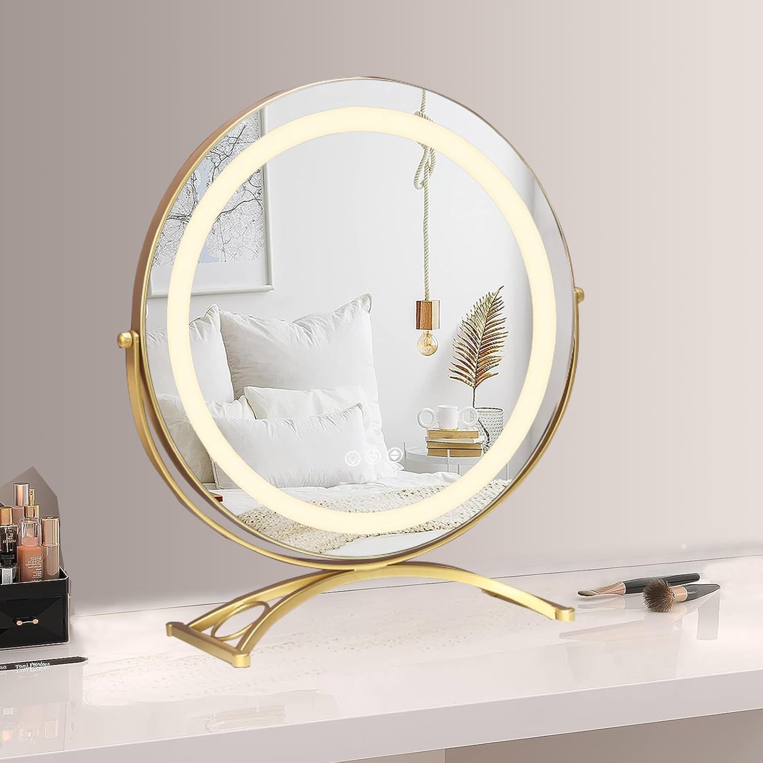 Lighted Vanity Mirror Round LED Makeup Mirror High Definition Lighted Up Mirror Touch Control Rechargeable 3 Color Adjustable Brightness Table Desk Ounter Top Mirror ( Color : gold , Size : 15.7"X18.3