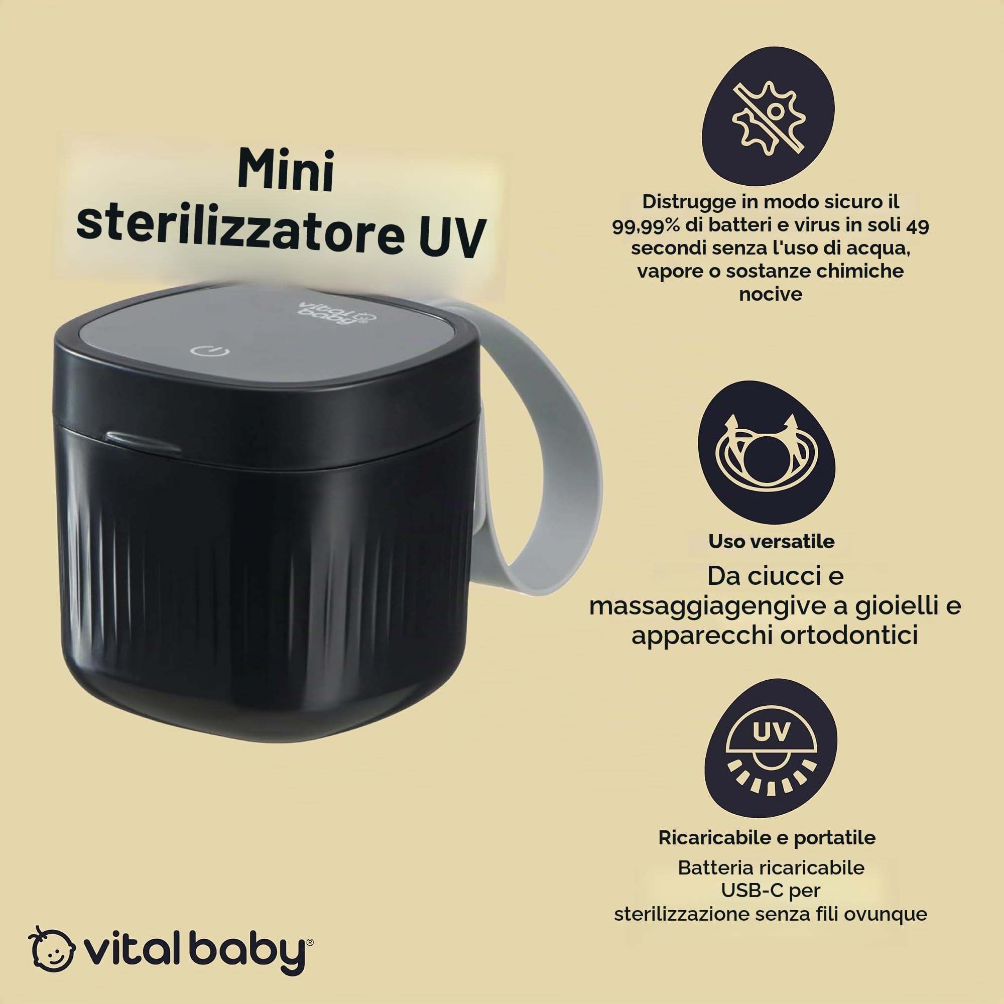 Vital Baby Nurture Mini sterilizzatore UV uccide il 99,99% dei germi in 49 secondi per succhietti, massaggiagengive, accessori portatili, ricaricabili, senza sostanze chimiche, onice nero