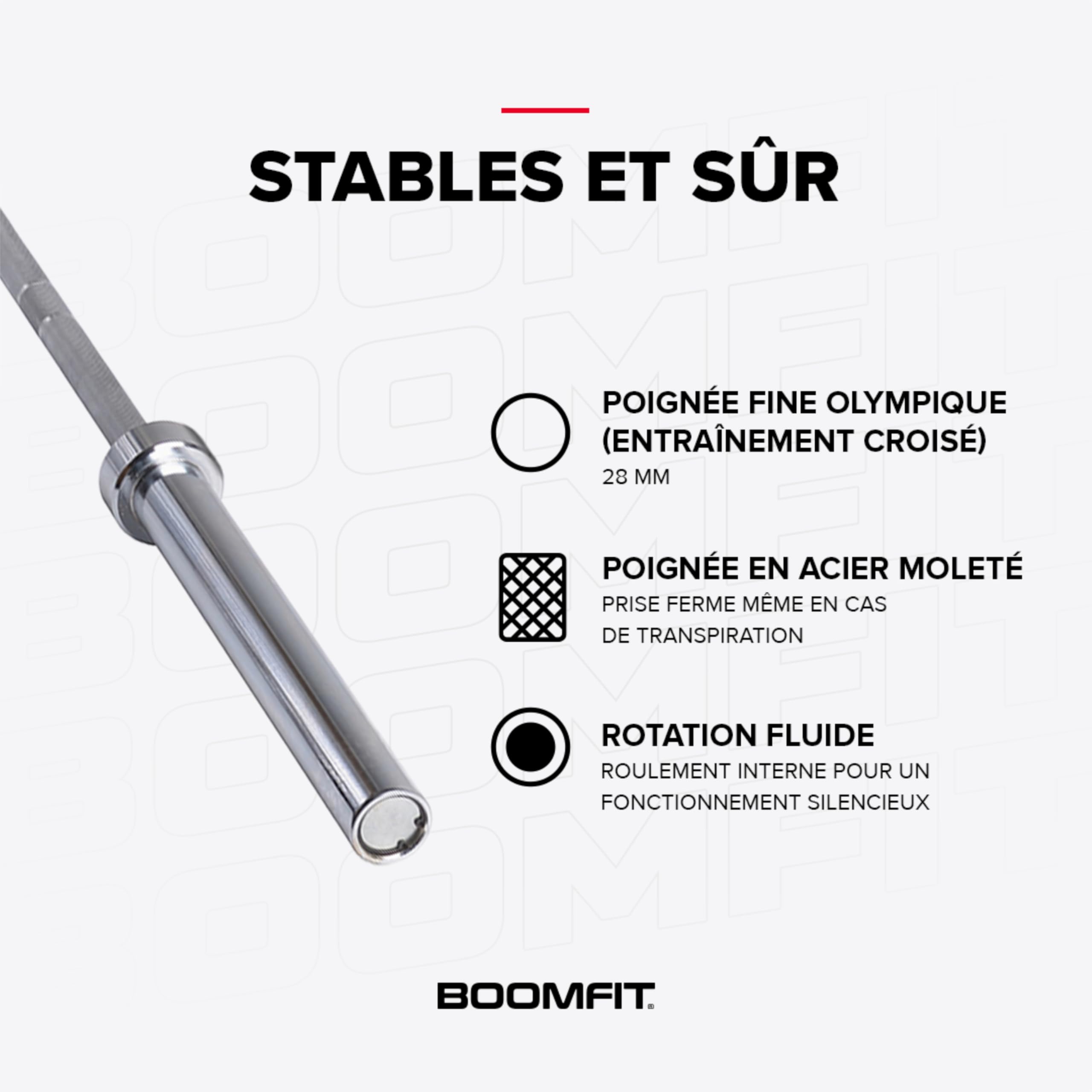 BOOMFIT Barre Olympique 9/12/15/20 kg | Manchons 50mm| Barre de Musculation Développé Couché et Squat | Charge 205-405kg | Idéale Home Gym, Haltérophilie et Powerlifting