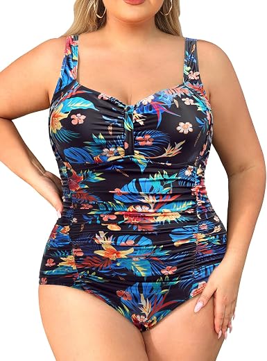 Daci Women Plus Size One Piece Swimsuits Tummy Control Vintage Ruched Bathing Suits Retro Swimwear