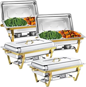 Rectangle Golden Chafing Dish Buffet Set Half Pan, 8Qt 4 Pack Stainless Steel Catering Warmer Set with Water Pan for Home Party, Buffets, Wedding, Banquet, Catering Events