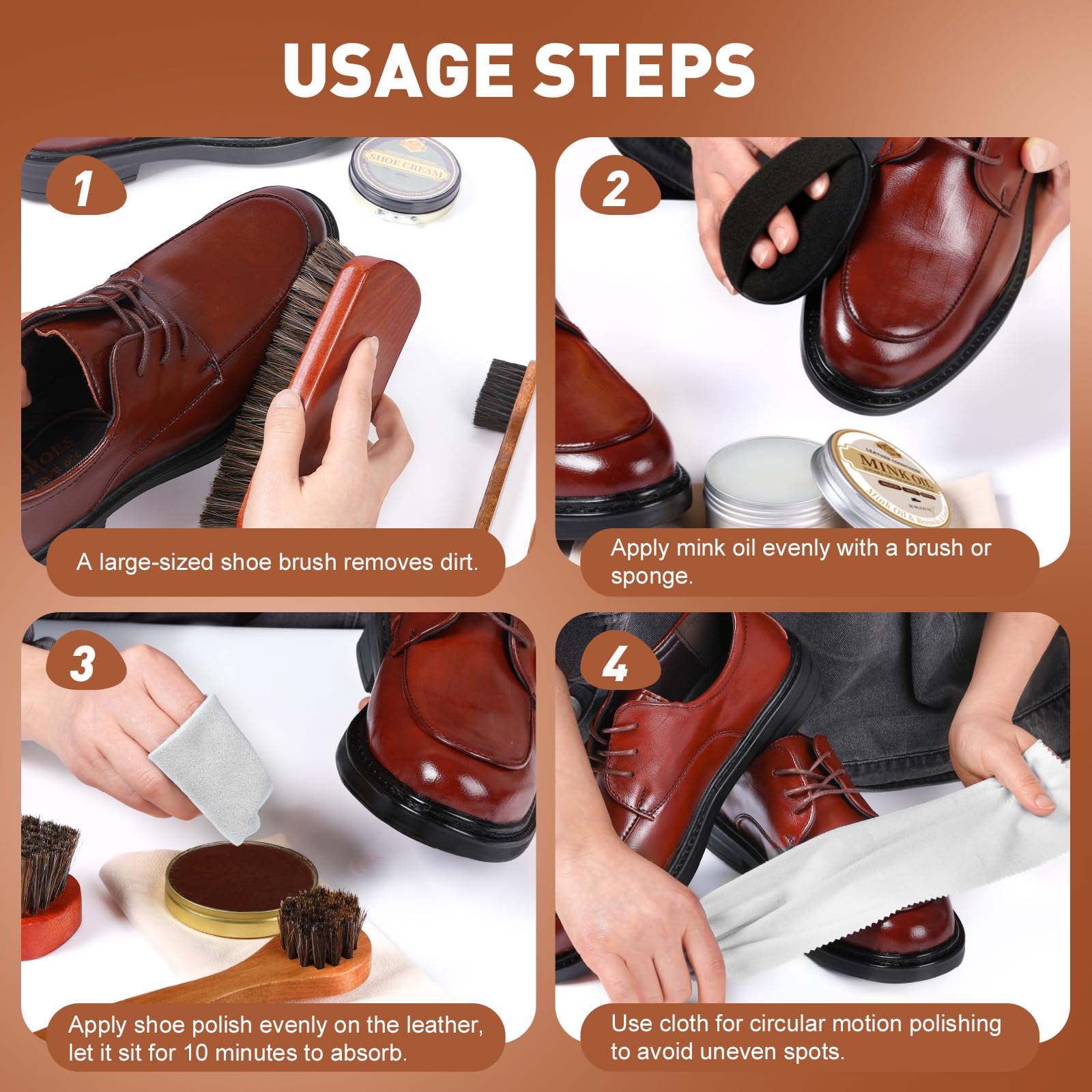 Kit de 16 piezas de brillo de zapatos de cuero para hombres, cepillos de zapatos de aceite de visón y más para kit de esmalte de zapatos, juego de cuidado de zapatos y kit de limpieza de zapatos para