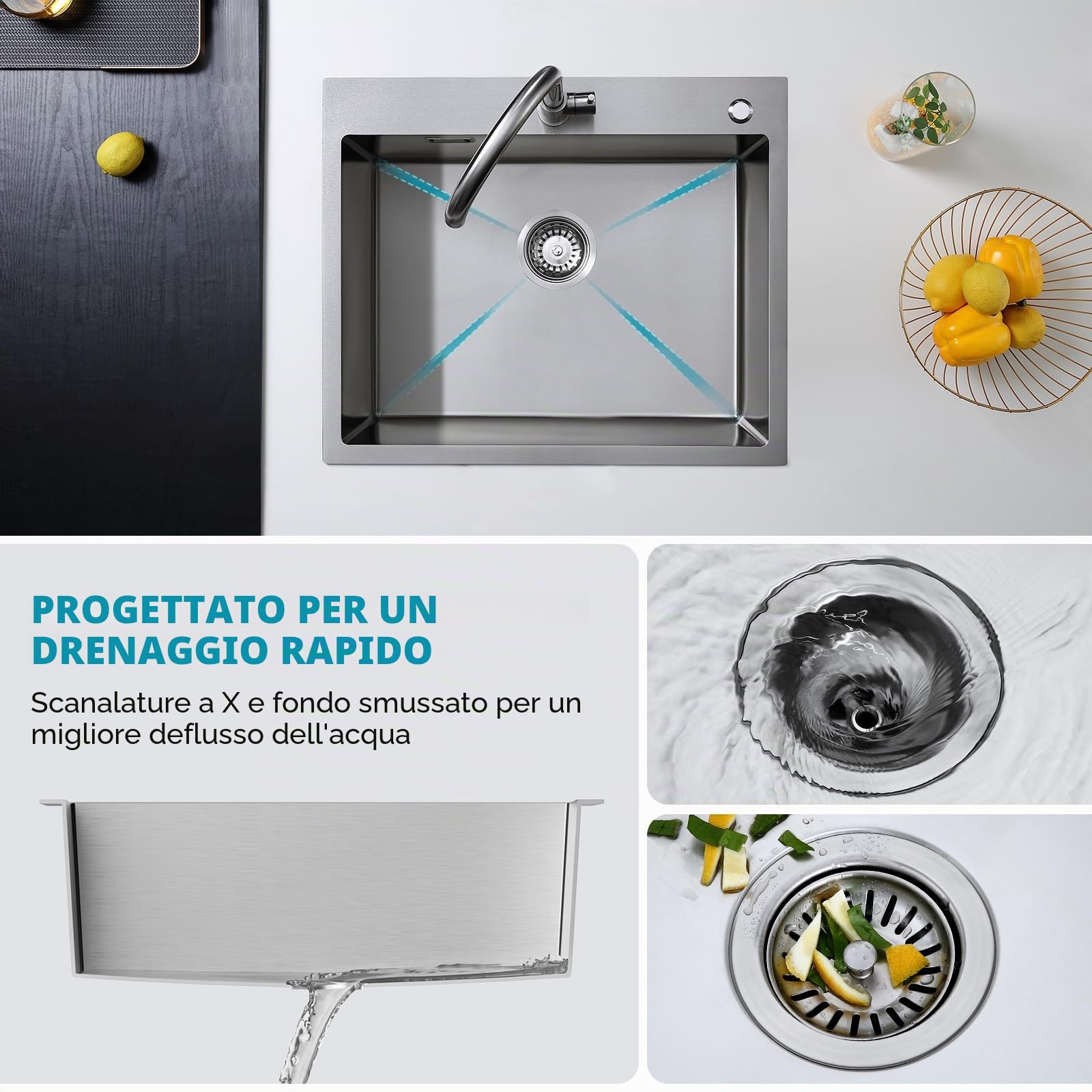 Lavello 60 x 50 cm, KEOKBON Nanoargento Lavello Cucina Acciaio Inossidabile 1 Vasca, lavello in acciaio inossidabile con foro per rubinetto, Lavello Cucina incl. filtro di scarico e istruzioni di