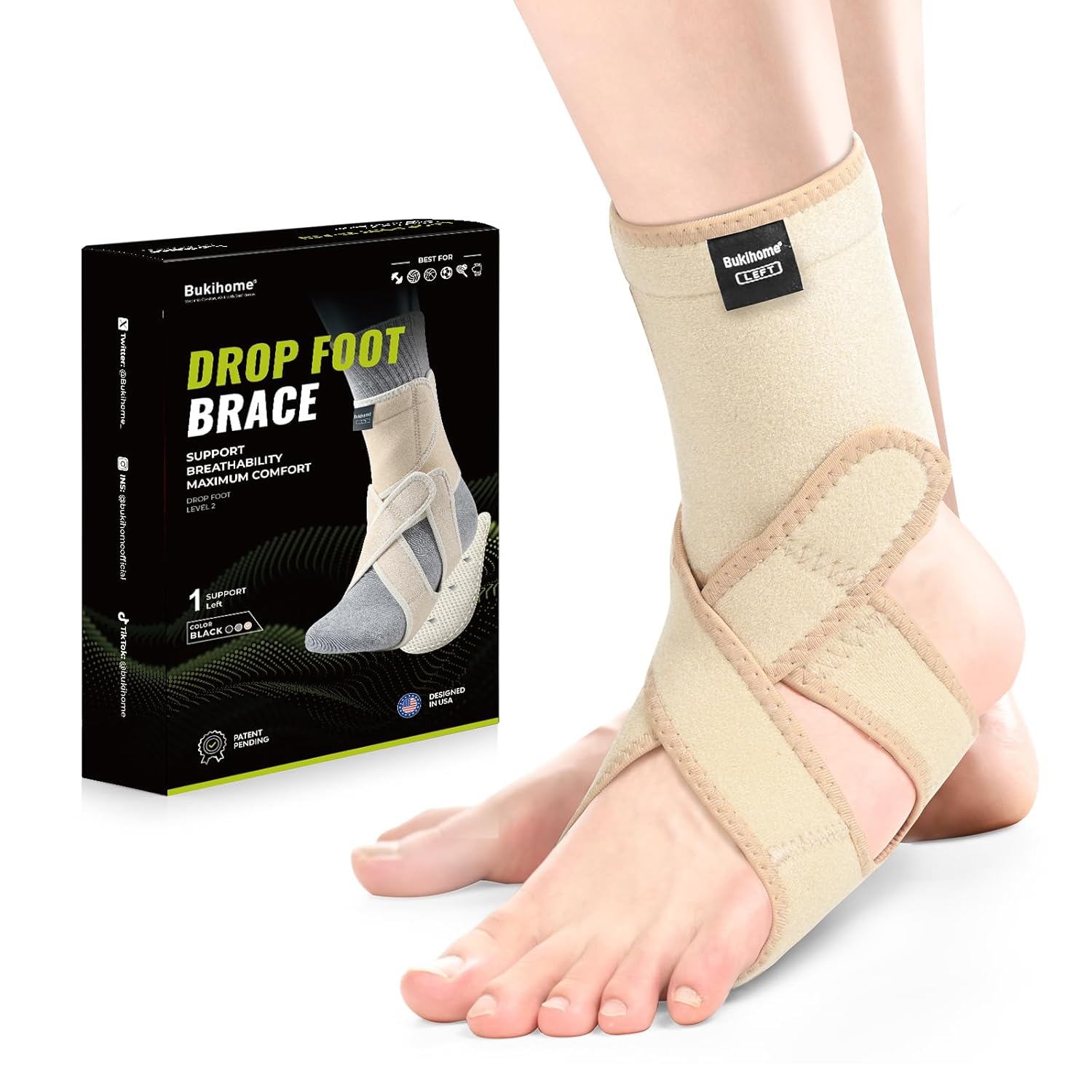Bukihome Adjustable AFO Foot Drop Brace - Foot Support for Walking with Shoes, Socks, or Barefoot - Relieves Foot Drop, Plantar Fasciitis, Stroke & MS Recovery - Unisex（Beige, Right）