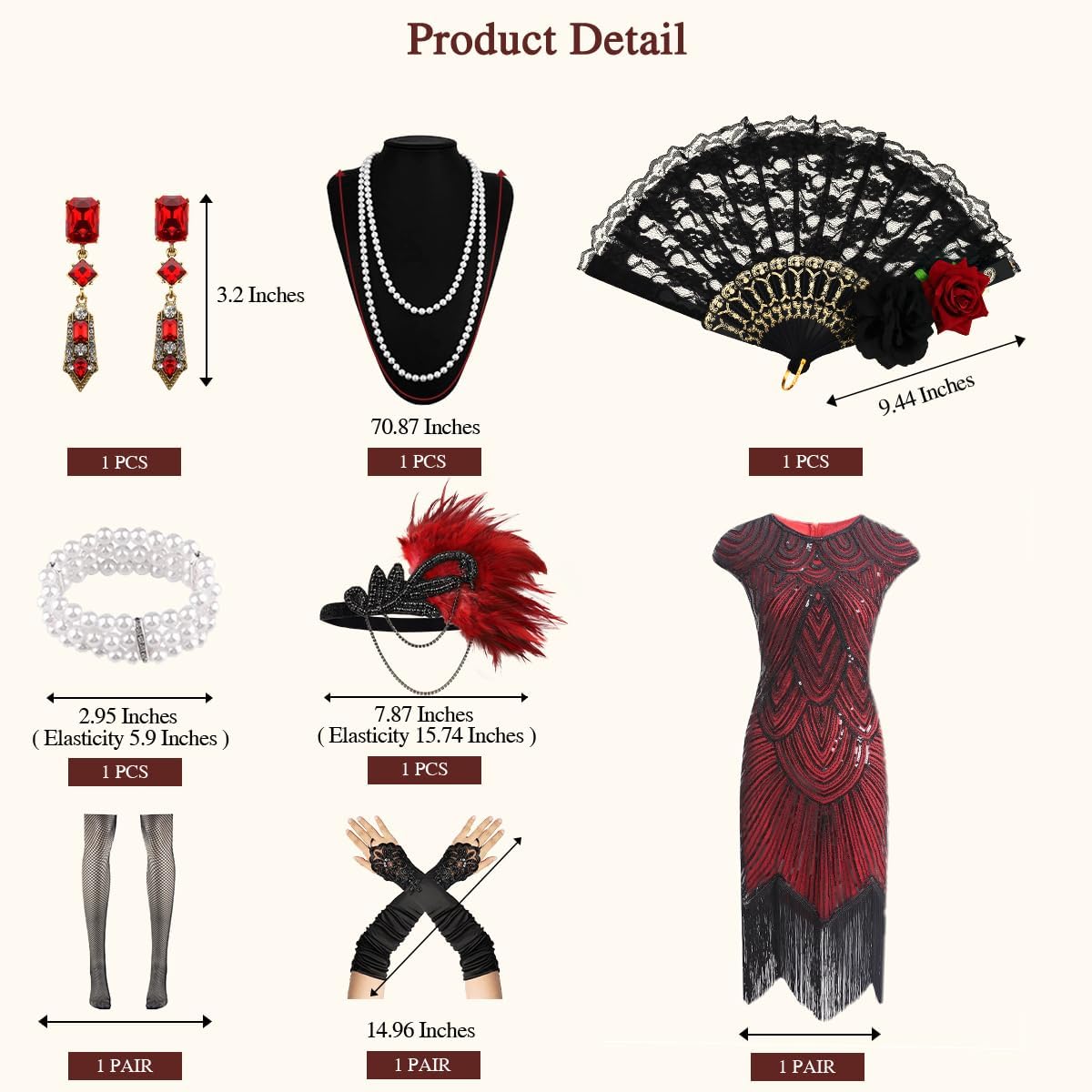 Women's Flapper Dresses 1920s Sequin Fringe Beaded Cocktail Crew Neck Dress Roaring 20s Accessories Vintage Lace Fan Headband - Image 2