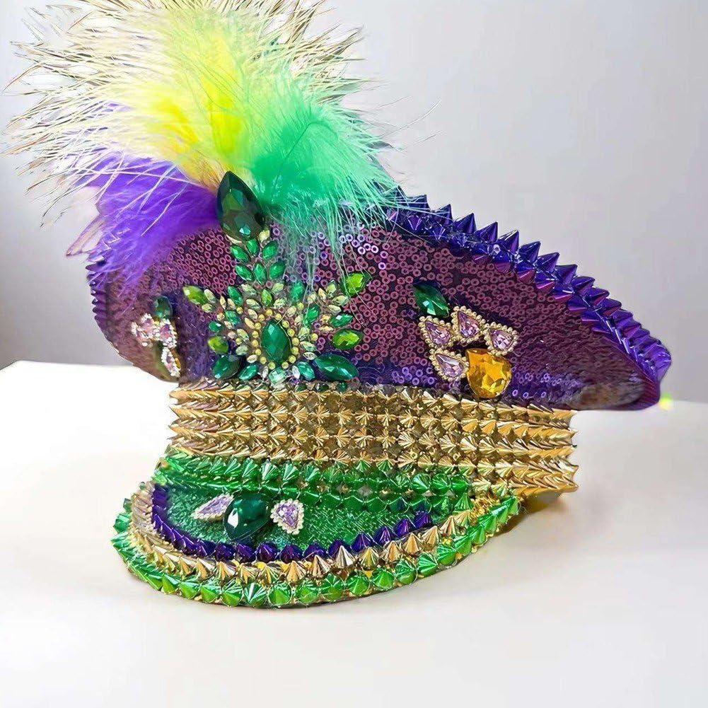 Hrippy Cappello Mardi Gras Berretto Militare Cappelli in Maschera Piuma Costume di Carnevale Cappello Steampunk Sergente Cappello Festival Copricapo