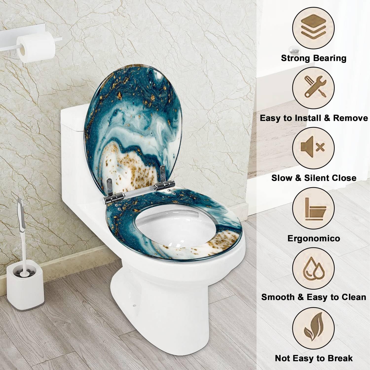 Round Toilet Seat Ancient oriental Natural luxury swirls marble agate Resin Toilet Seat with Quietly Close Quick Release Hinges Decorative Toilet Seat with Cover Easy to Clean and Install