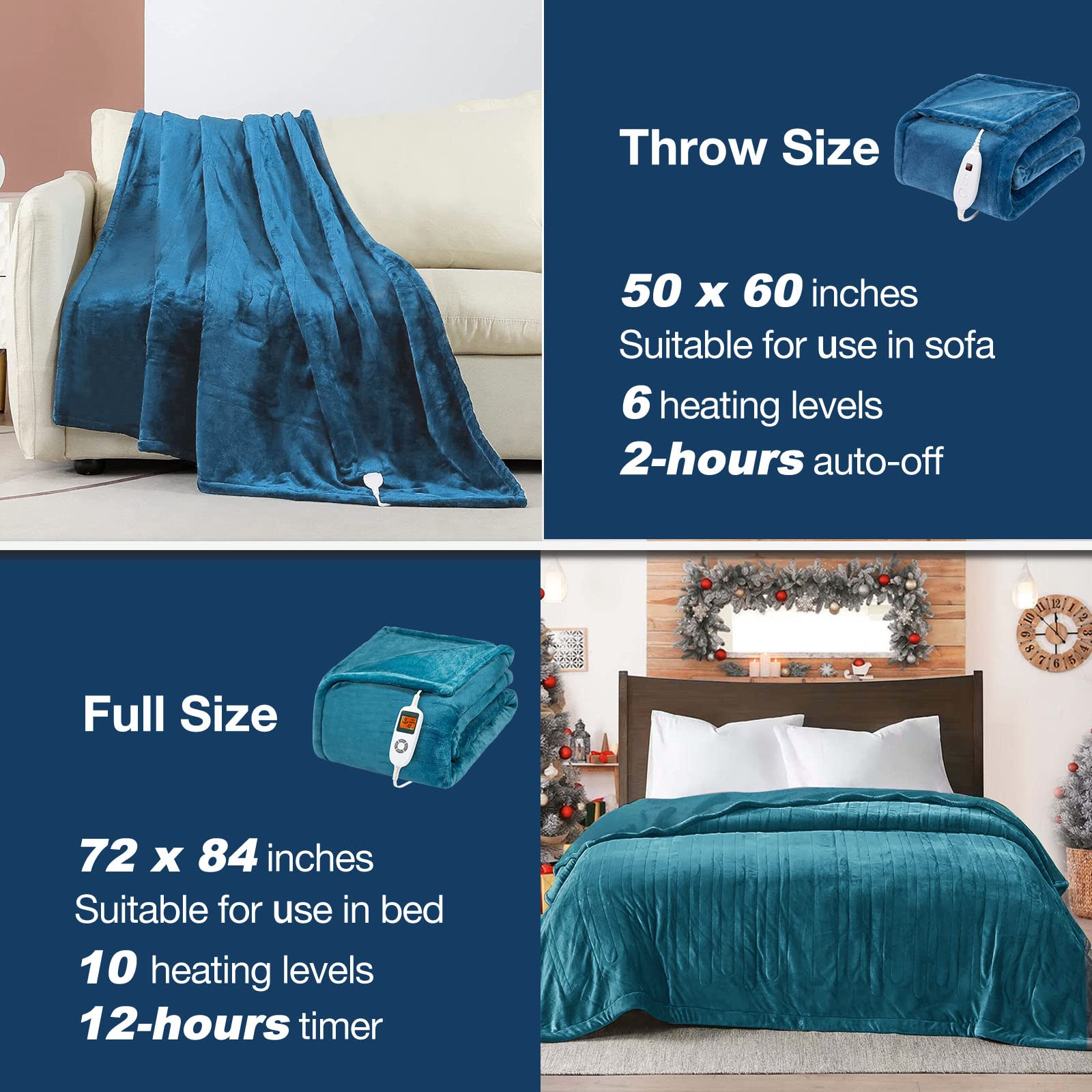 Amazon.com: DAILYLIFE Heated Blanket Electric Throw Blanket, 50" x 60"  Flannel Heating Blanket with 6 Heat Settings and 2 Hours Auto-Off, Couch  Chair, Machine Washable, Bright Blue : Home & Kitchen