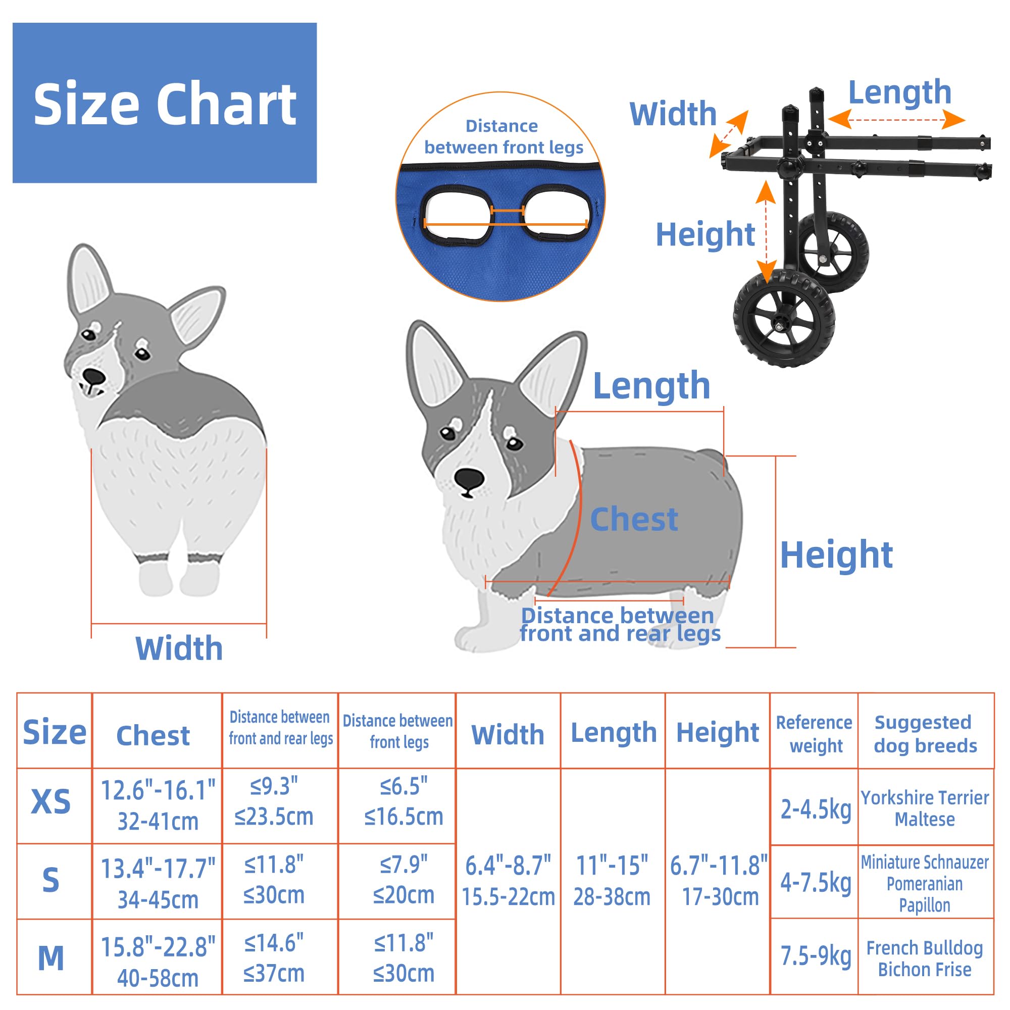 Sedia a rotelle per cani, carrello regolabile per animali domestici con ruote per gambe posteriori, tutore per gambe e supporto per fianchi, aiuta piccoli animali domestici con arti posteriori