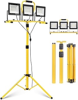 Foco de trabalho LED de 210 W com tripé, 20000 LM, 3 cabeças rotativas, cabo de 5 m, IP66 impermeável, luz de trabalho d...