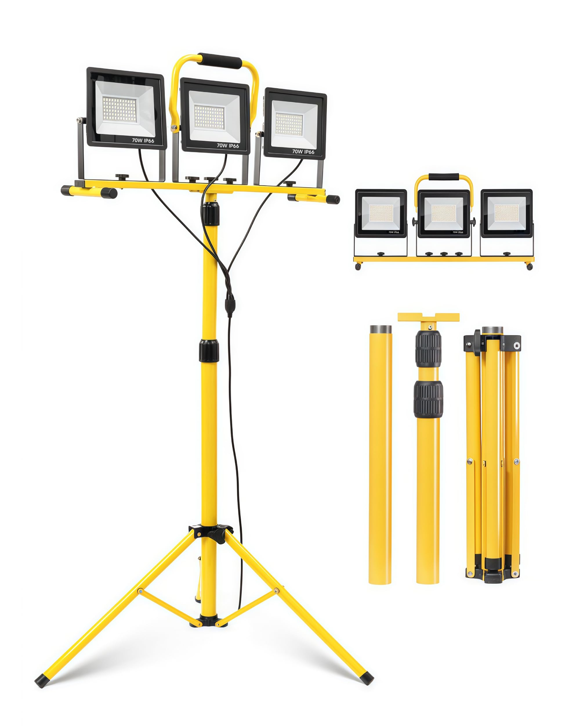 210W Baustrahler LED mit Stativ, 20000LM Arbeitsleuchte mit Stativ 5m Kabel | 3-Kopf Baulampe mit Metall-Stativ, IP66, 360° Drehbare, 6500K, Faltbarer LED Stativ Strahler für Außen, Baustelle & Werkstatt