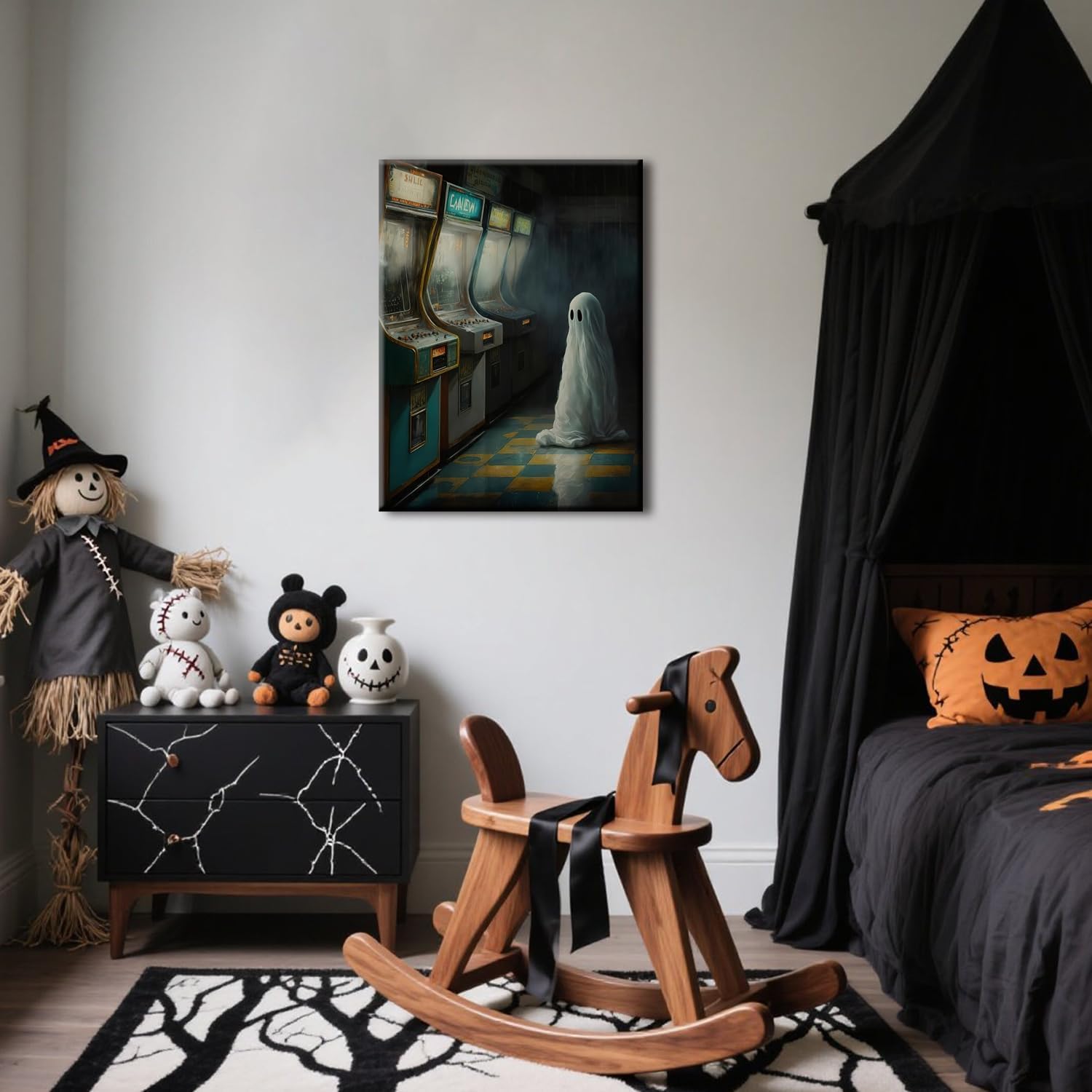 Framed Vintage Halloween Ghost Wall Art, Funny Ghost Gamer Arcade Wall Decor Paintings, Gothic Dark Academia Pictures Canvas Prints Spooky Home Decor for Teen Game Room Bedroom Dorm 16x24 inch image 3