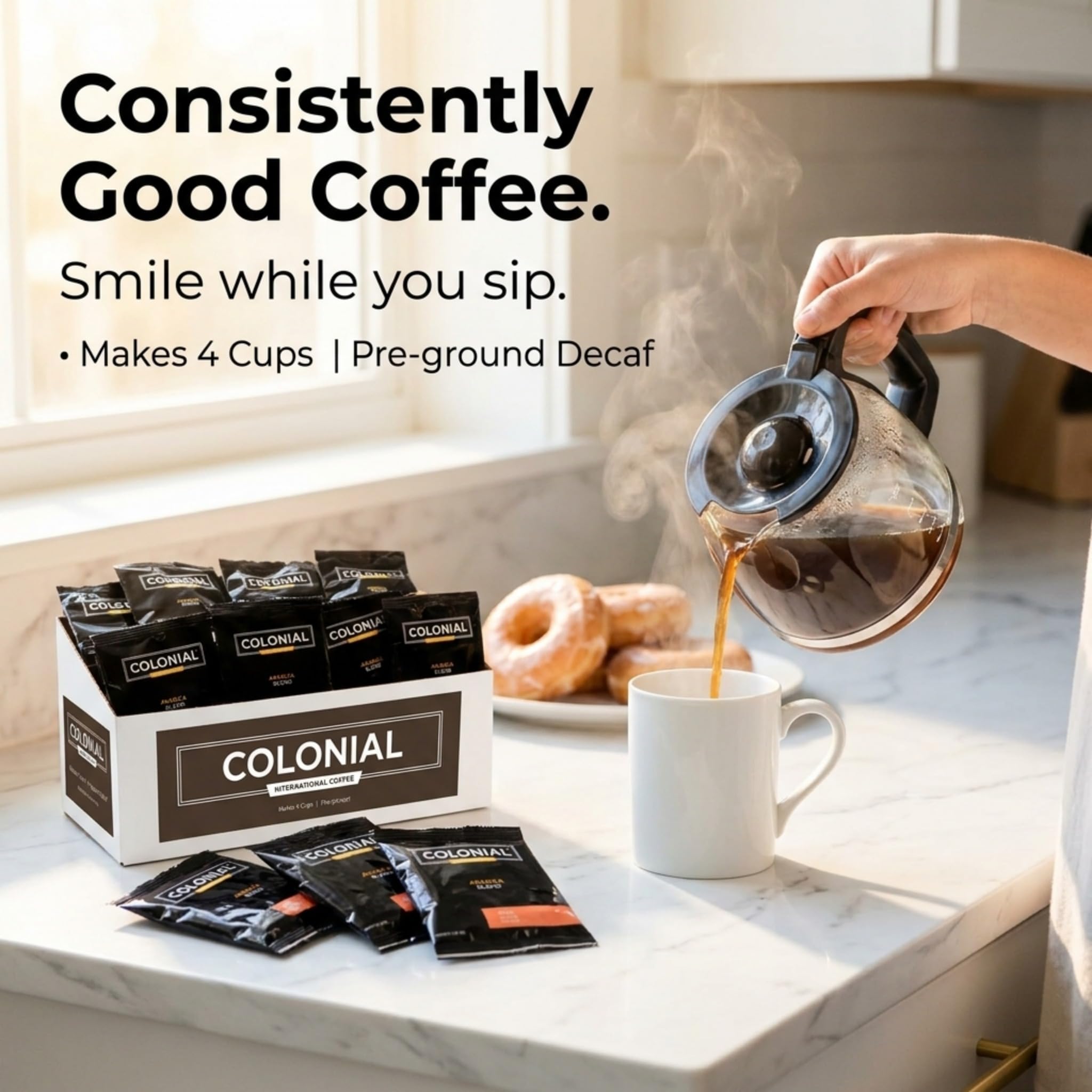 Colonial - Confezione di filtri per caffè decaffeinato macinato decaffeinato, per camere d'albergo, tostatura scura decaffeinata, 14,2 g (confezione da 50), da utilizzare con macchina da caffè a