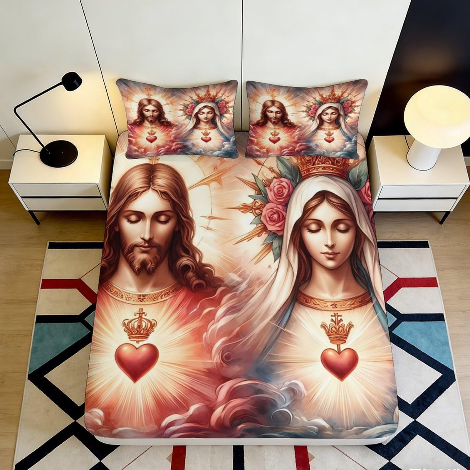 3D Printed Sacred Heart Art Fitted Sheet Microfiber Soft Non-Slip Virgin Mary Jesus Bed Cover for Bedroom Decor 90x200x25cm