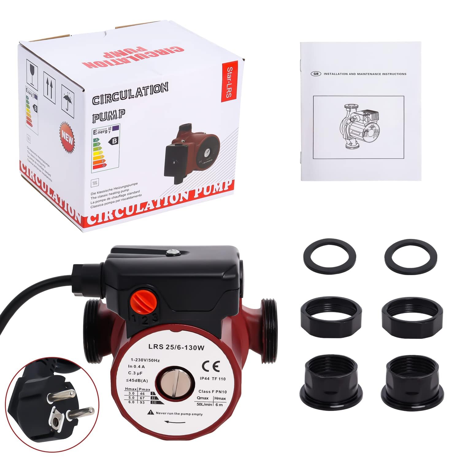 Pompa di Circolazione Dell'acqua Calda LRS25/6-130, Pompe per Acqua Calda Domestica 46/67/93W Altezza Massima 6M da Poweka