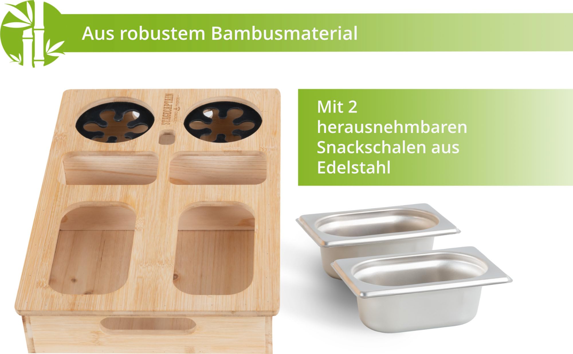 Stagecaptain CBW-45 NT Couchbar - Snackbar aus Bambus für Wohnzimmercouch - Praktische Griff-Aussparungen - 7 Staufächer für z. B. Snacks und Getränke sowie Flaschenöffner - Becherfixierung aus Gummi