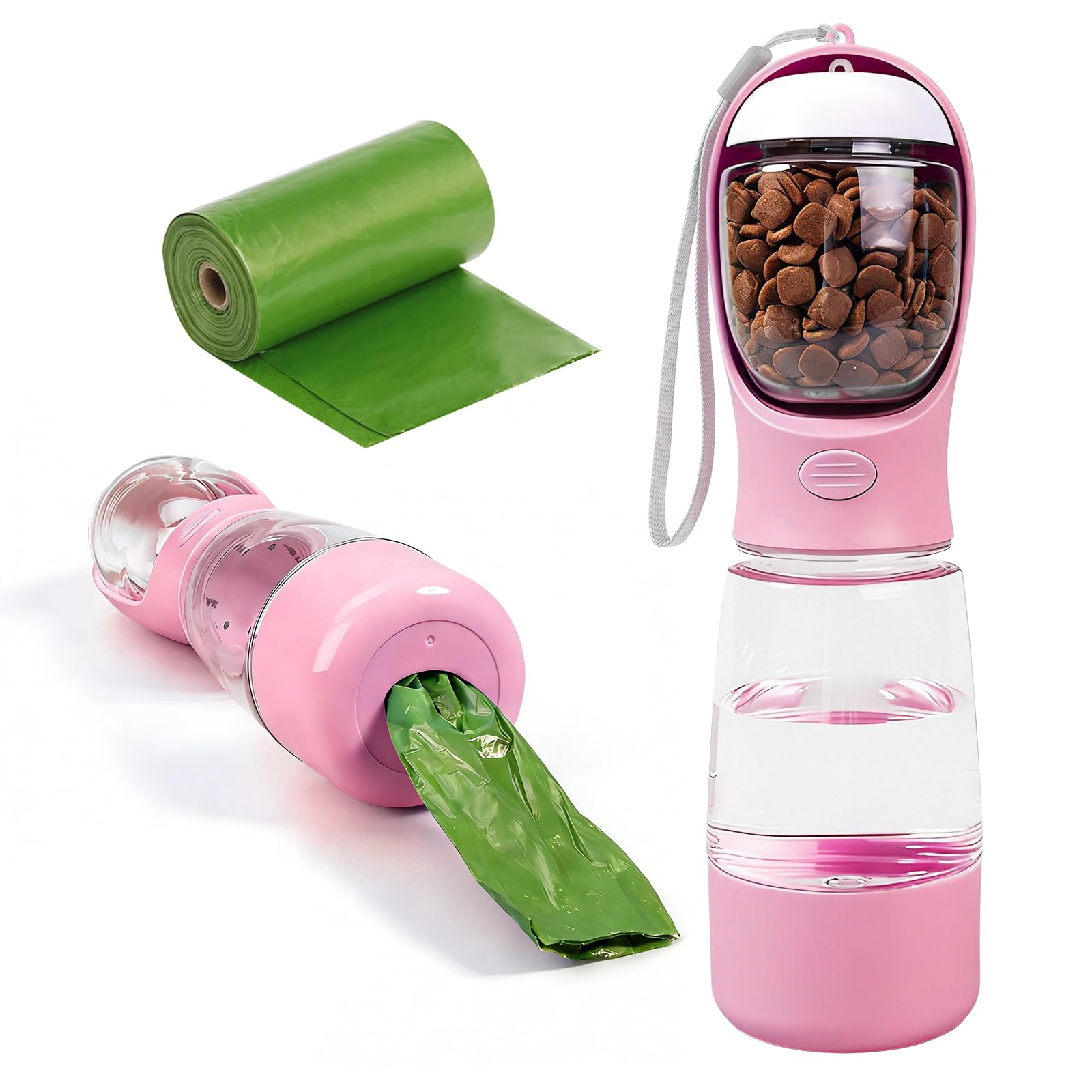 YINKIGI Portable Dog Water Bottle - 4-in-1 Pet Water Bottle with Food Container, Built-in Bowl and Waste Bag Storage, 400 ml & 150 g Capacity, Leakproof Design for Walking and Travel (Pink)
