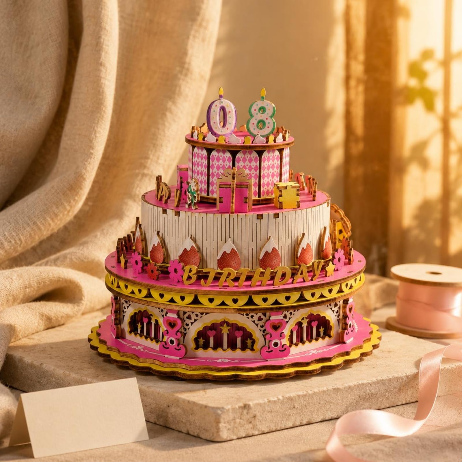 Rompecabezas de Madera Infantil Caja de Música Pastel Juego Didáctico Manualidad DIY Construcción Manual Exhibición Bonita Adecuado para Cumpleaños Fiestas Regalo Actividades en Casa, Rosa