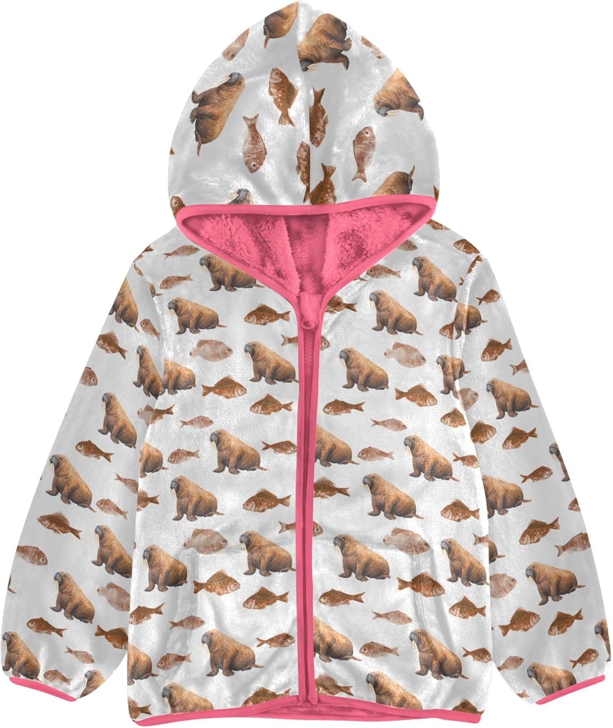 Girls Hoodie Outfit Brown Walrus and Fish Pattern Zipper Sweatshirt Coat Fleece Jacket for Kids 3-10T