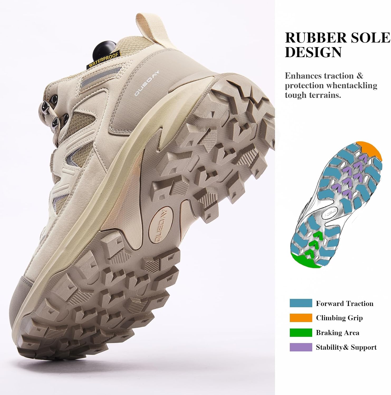 Queday Waterproof Hiking Boots for Women Men Non Slip Leather Outdoor Backpacking Shoes All Terrain Lug Sole Camping Climbing Mountaineering Trekking Trails