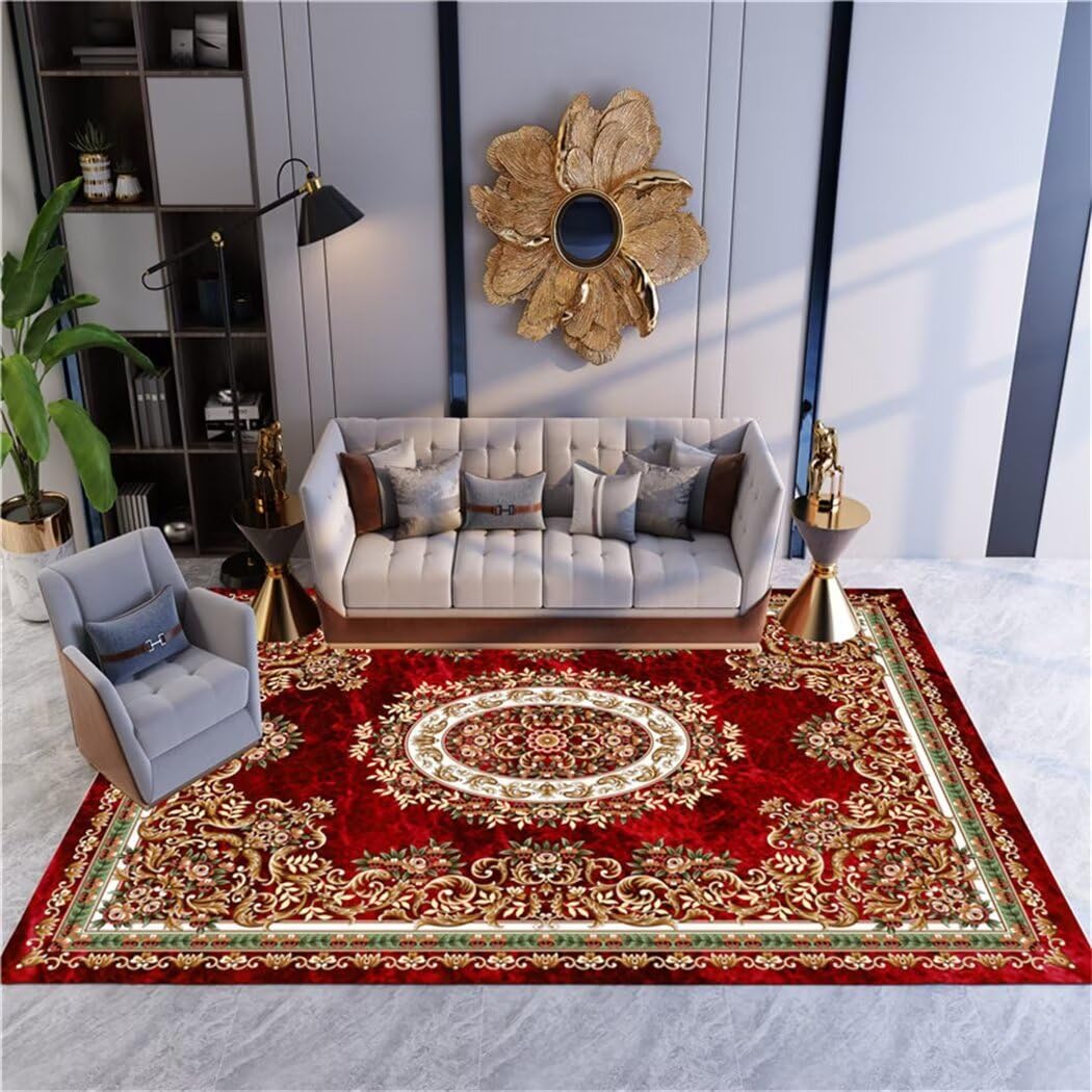 Tapis de salon rouge 120x180cm antidérapant et absorbant à motif floral rétro pour chambre enfant