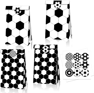 Qpout Soccer Goodie Bags Party Pack - 12 Snack Bags With Sealing Stickers for Kids Teams & Birthdays - Black & White