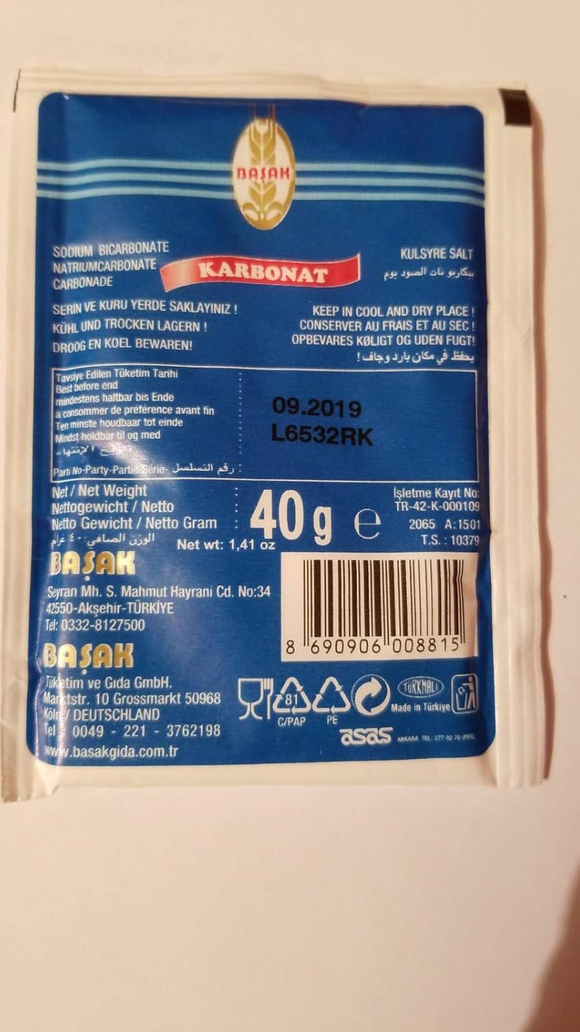Back of Basak Karbonat Baking Soda package with storage instructions