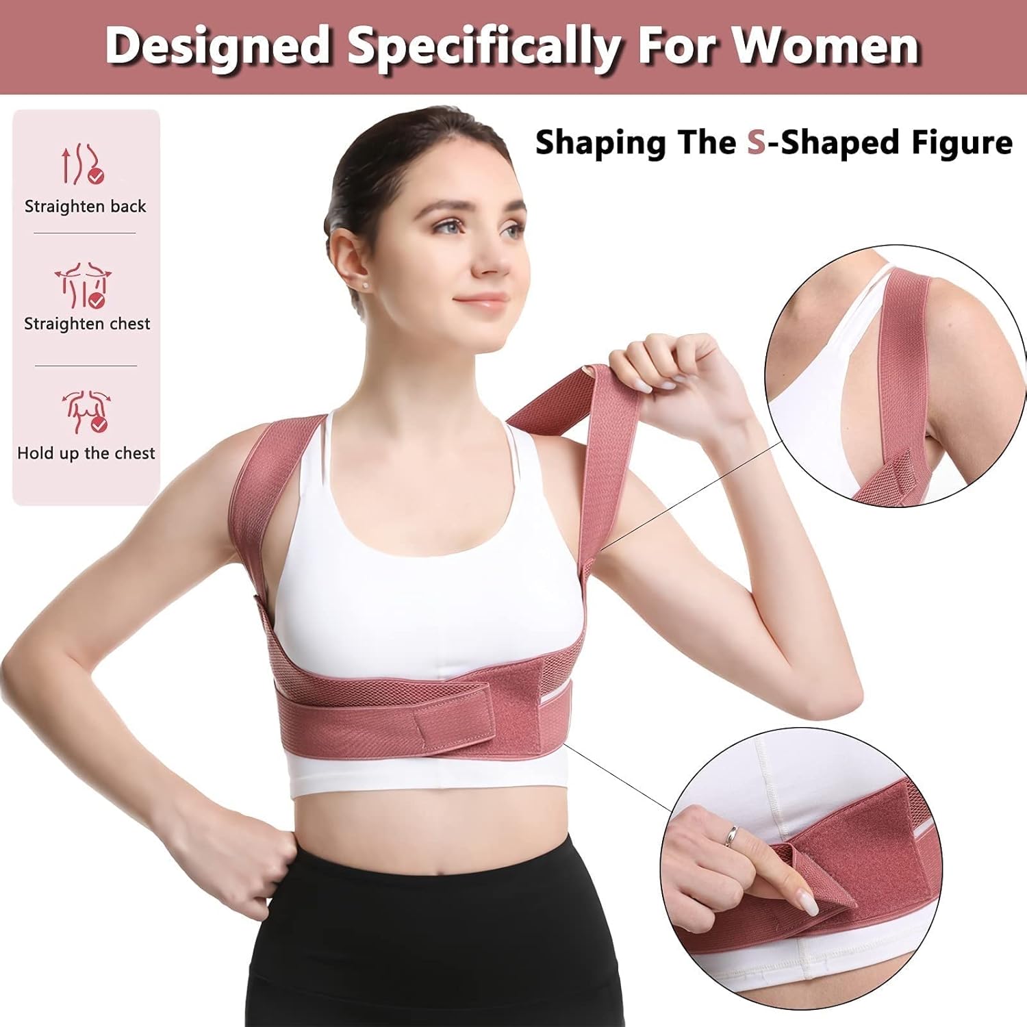 Women's Chest Corrector Invisible Upper Back Brace Spinal Support Adjustable Physical Therapy Hunchback Correction for Shoulder Neck Clavicle Pain Relief (Pink Small)