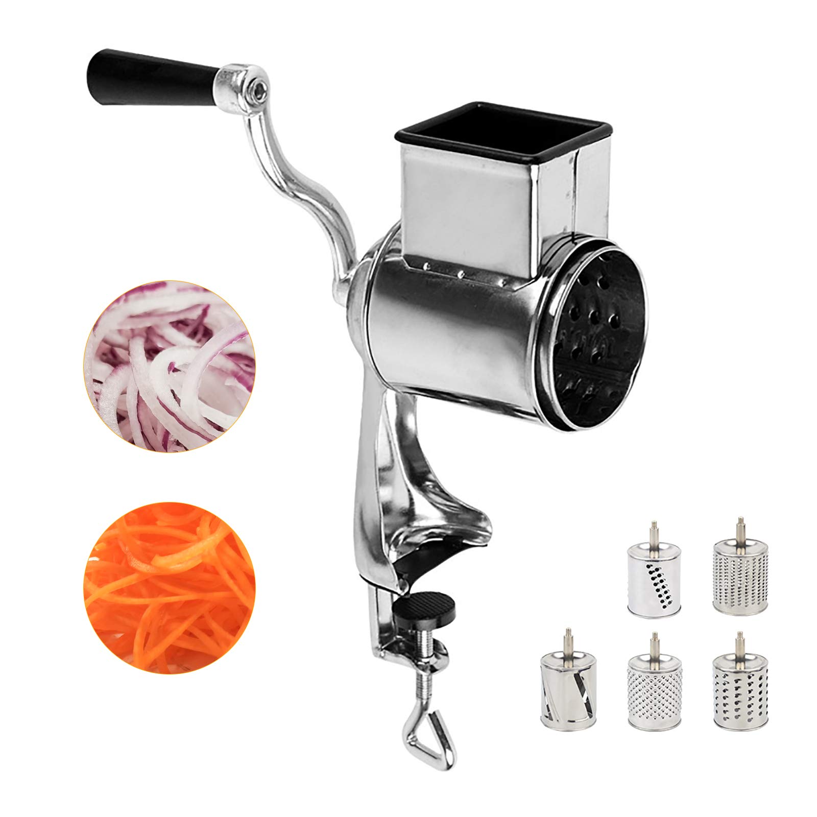 Grattugia manuale per patate, in acciaio inox, taglierina manuale a tamburo, grattugiatrice con 5 tamburi, da cucina, facile da usare, argento, 10 x 24 cm