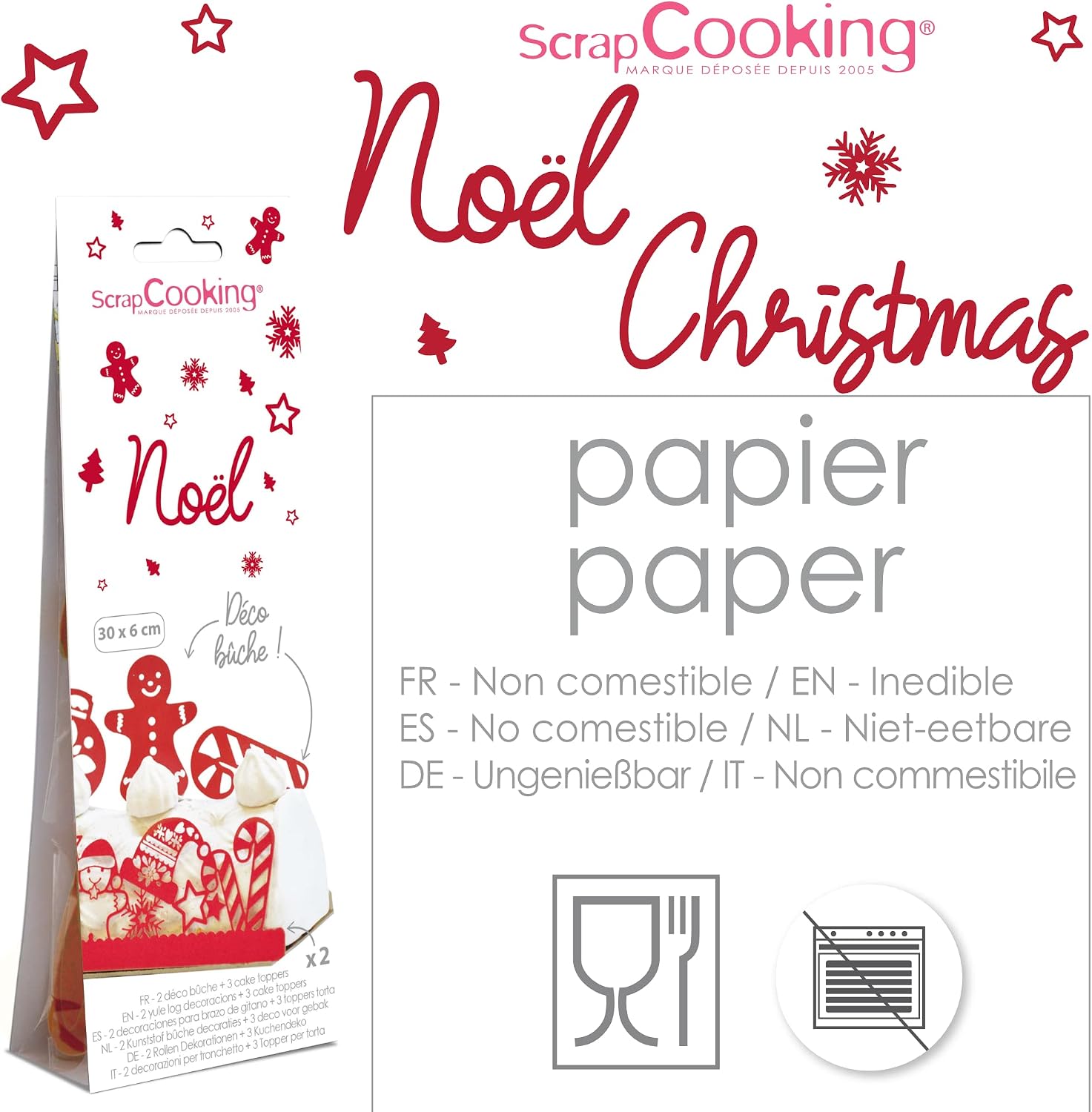 SCRAP COOKING - Christmas Log Decoration - Paper Decoration Kit for Christmas Log, Pastry, Dessert - Man, Cane Sugar & Ball - Red - 4916