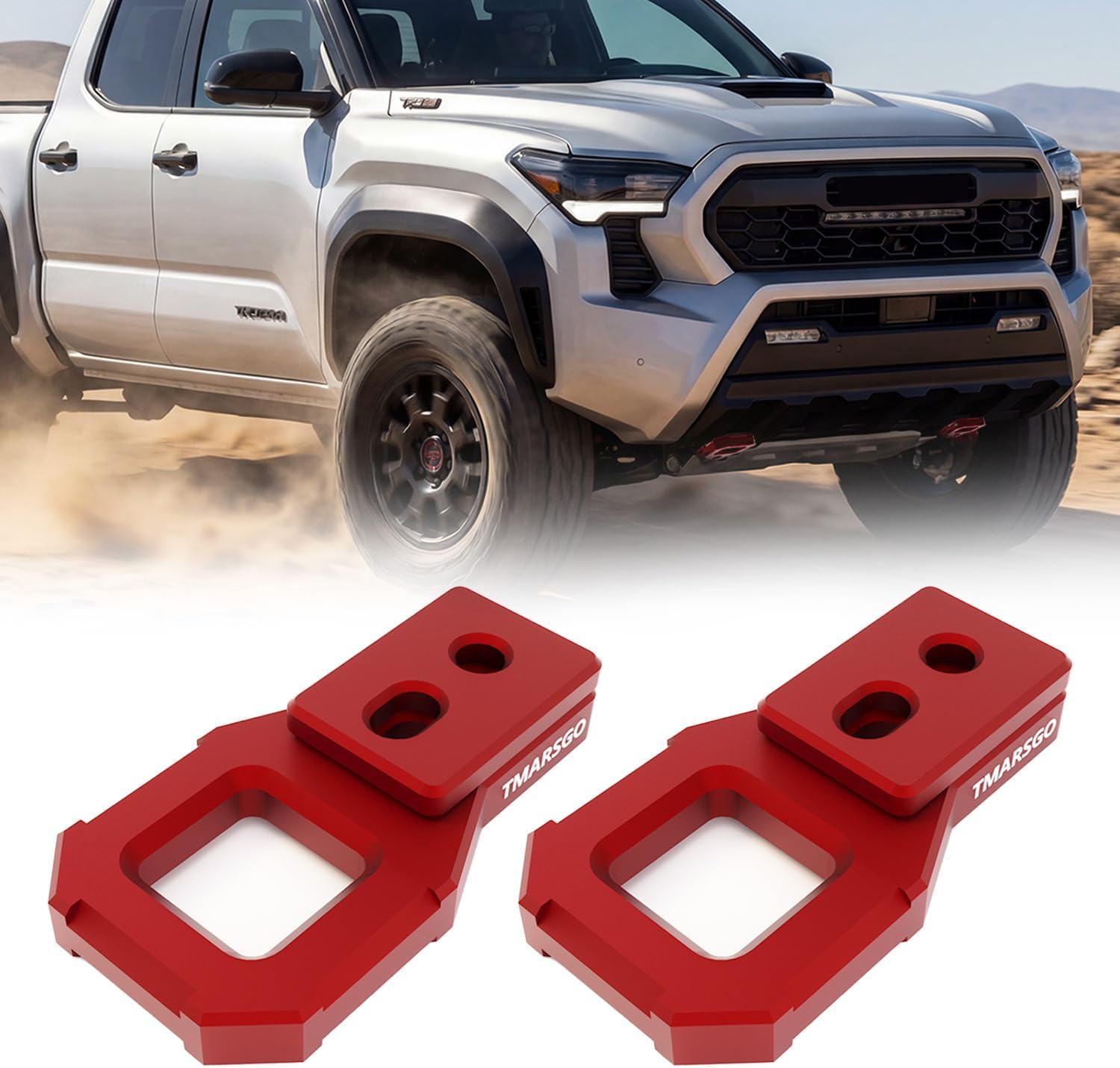 Tow Hooks For 2024-2026 Toyota Tacoma, 2024-2025 Land Cruiser 250 & 2025-2026 4Runner - CNC Billet Aluminum Recovery Points with Adjustable Spacers & 55mm Ext. Bolts - Toyota Tacoma Accessories (Red)