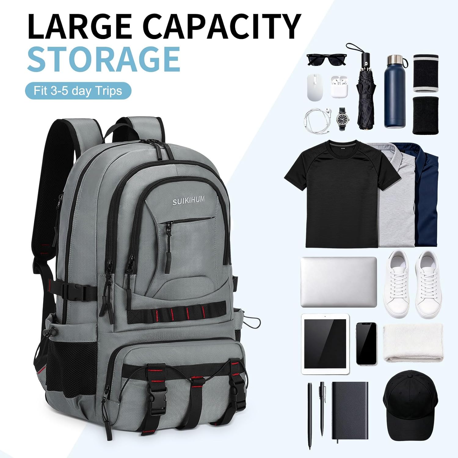 40L Hiking Backpack for Men Women, Expandable Travel Backpack for Camping, Waterproof Outdoor Hiking Daypack with USB A/C Port, Smoke Grey,Medium