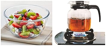 Borosil - Carafe Flame Proof Glass Kettle with Stainer, 1.2L & Borosil Glass Mixing & Serving Bowls, Oven & Microwave Safe Bowl, 2.5 L, Borosilicate Glass, Clear