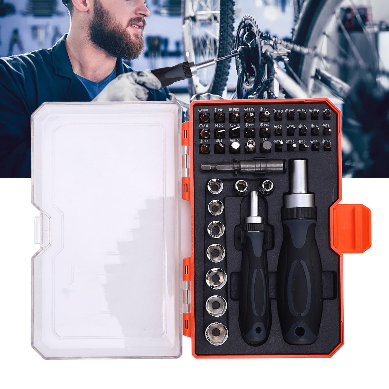 Juego de destornilladores 42 en 1 con funda, juego de destornilladores de trinquete Cr V, mango ajustable, kits de herramientas de reparación del hogar para reparar dispositivos electrónicos, gafas
