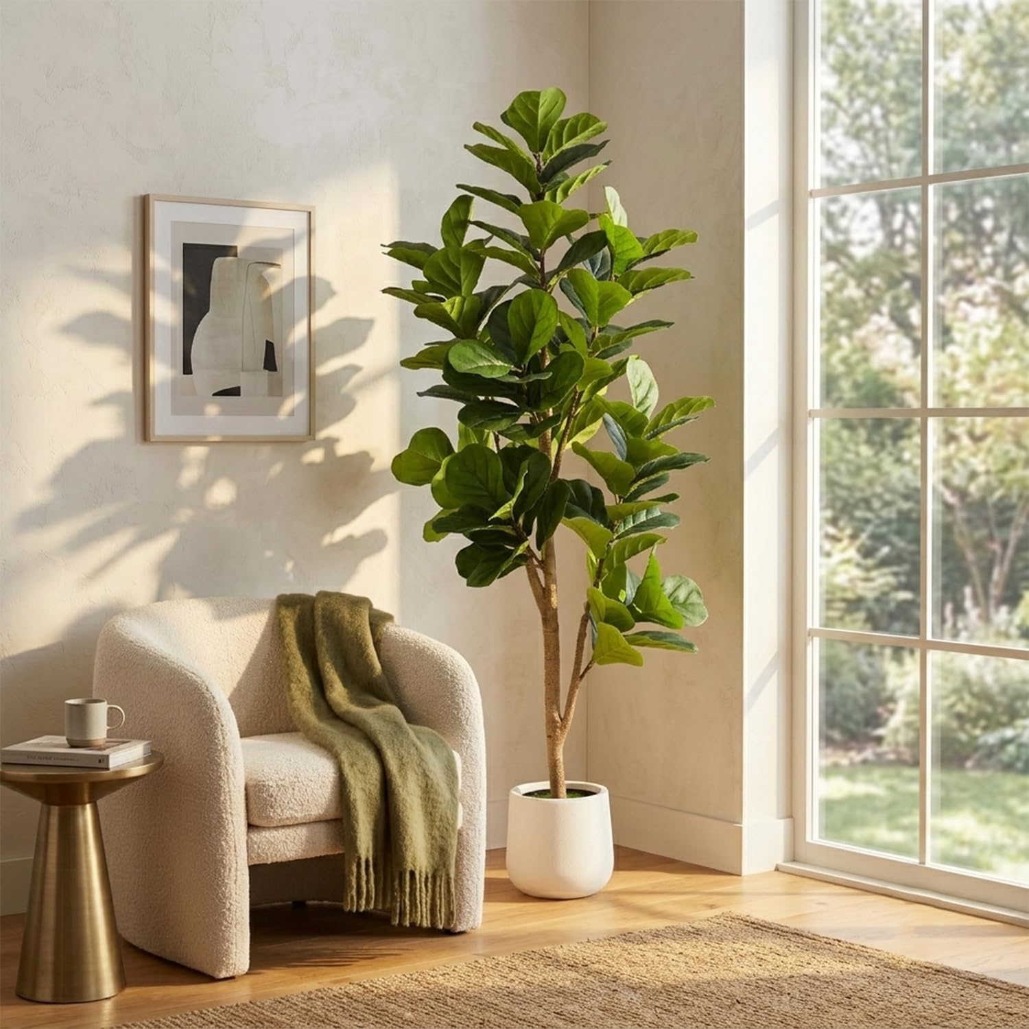 Fiddle Leaf Fig Artificial Tree with White Pot, Fake Plants Indoor for Home Office Decor (5FT)