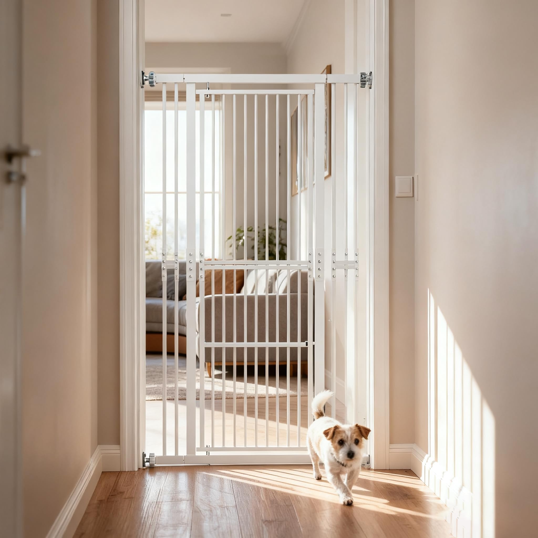 MoraRise 180 cm Extra Tall Pet Gate, Adjustable 70-107cm Safety Gate for Cats & Dogs, No-Drill Wide Gate with One-Hand Operation, Auto-Close Door, Stair, Hallway Use