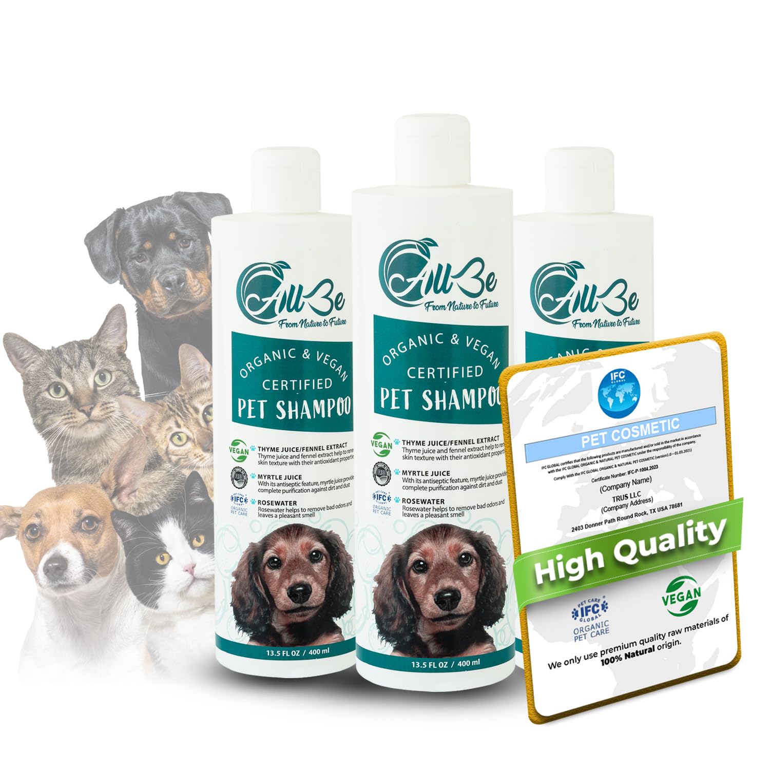 Hundeshampoo 3x400 ml – Bio 4-in-1 Shampoo für Hunde & Katzen – vegan & natürlich – gegen Juckreiz, Trockenheit & Geruch – Rosenwasser, Thymian, Fenchel – beruhigende Pflege