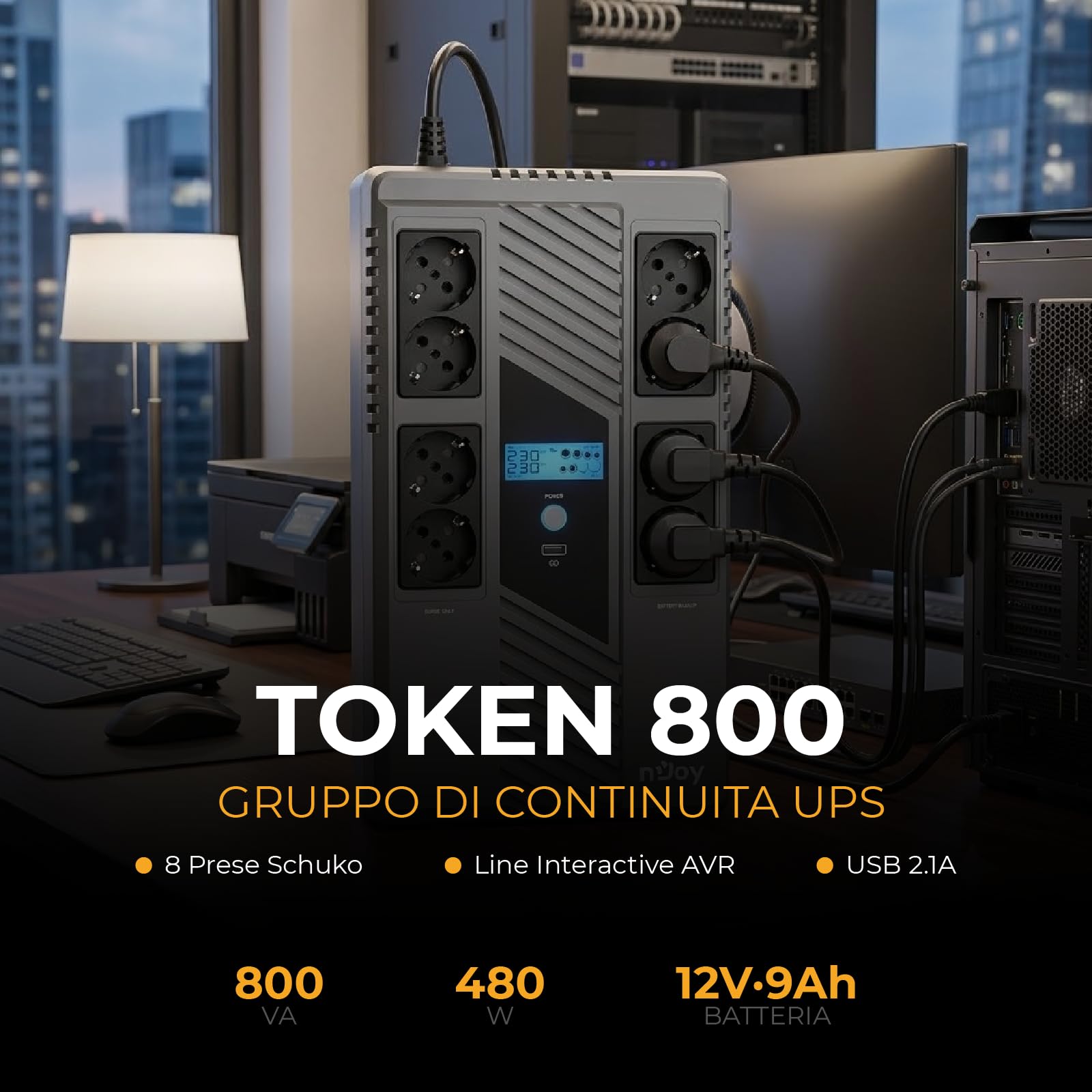 NJOY Token 800 UPS Gruppo di Continuità 800VA 480W | 8 Prese Schuko | Tecnologia Line Interactive AVR | Caricatore USB 2.1A | Display LCD | Software PC Incluso | Protezione Blackout per PC Router NAS