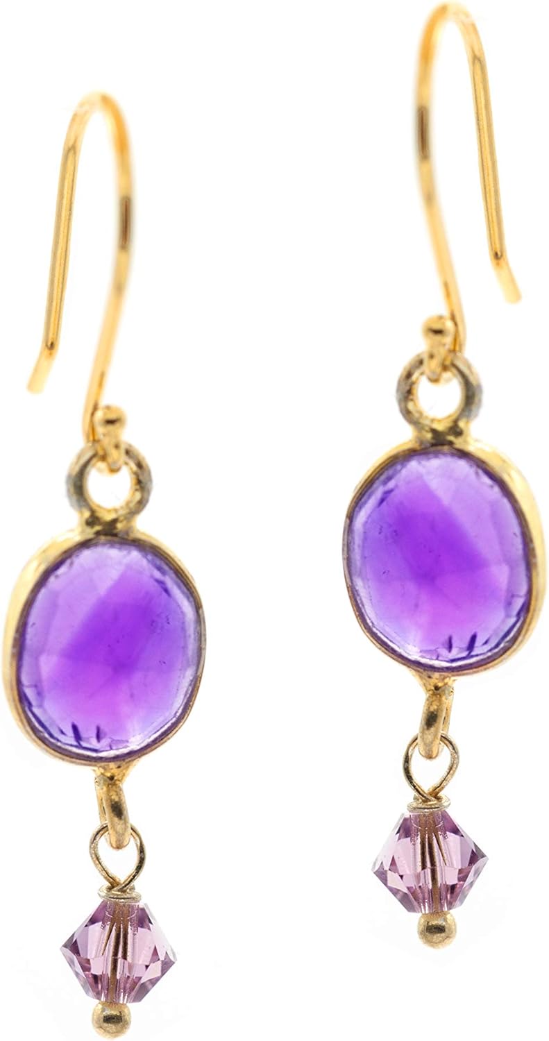 Dainty Bezel Set Faceted Semi-Precious Gemstone and Faceted Bicone Beaded Drop Earrings